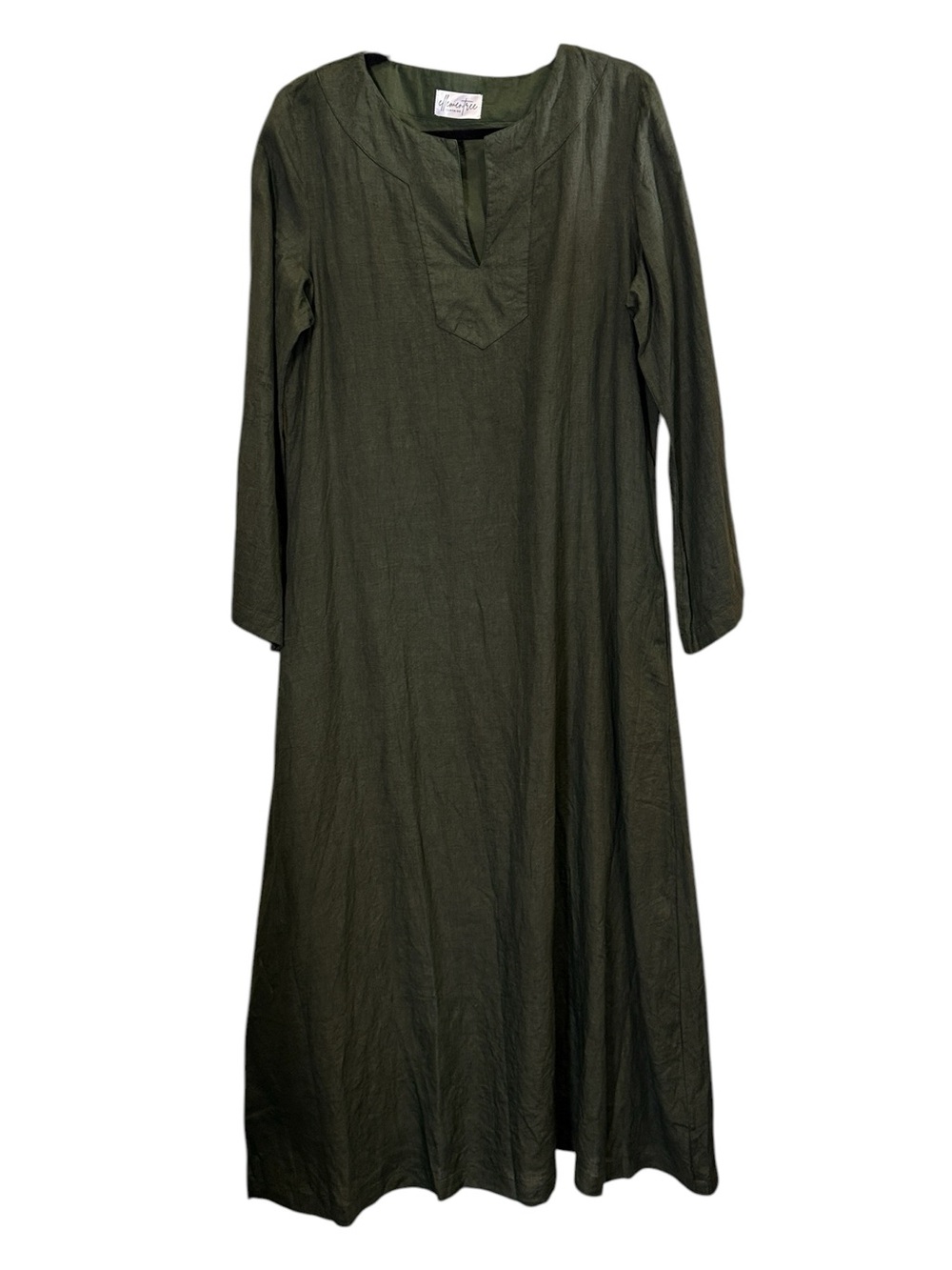 Ellementree Woman’s Relaxed Olive Maxi Kaftan Linen Dress with Long Sleeves - Picture 1 of 12